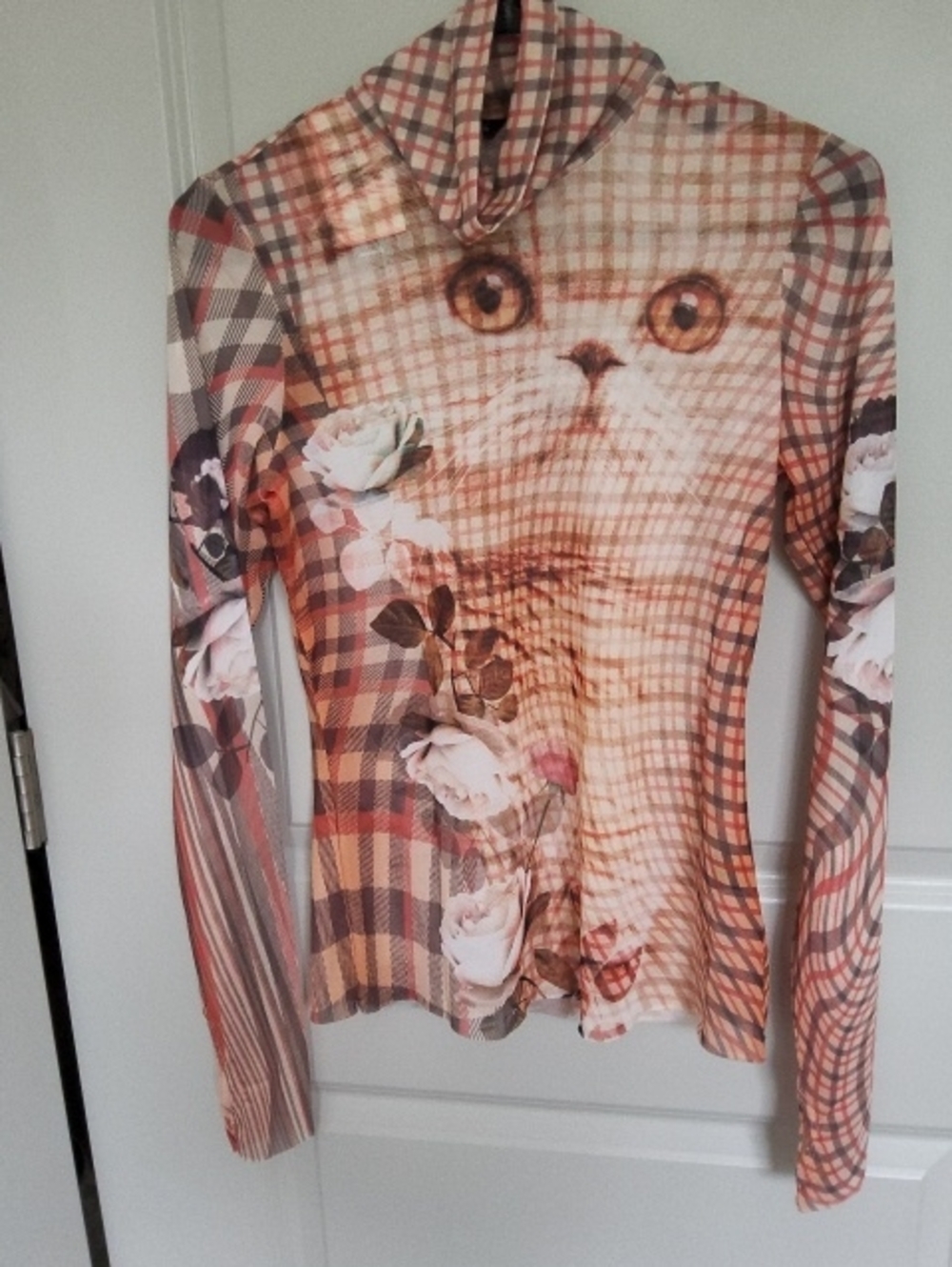 AFRM Zadie Turtleneck Plaid Kitten Mesh Top - NEW